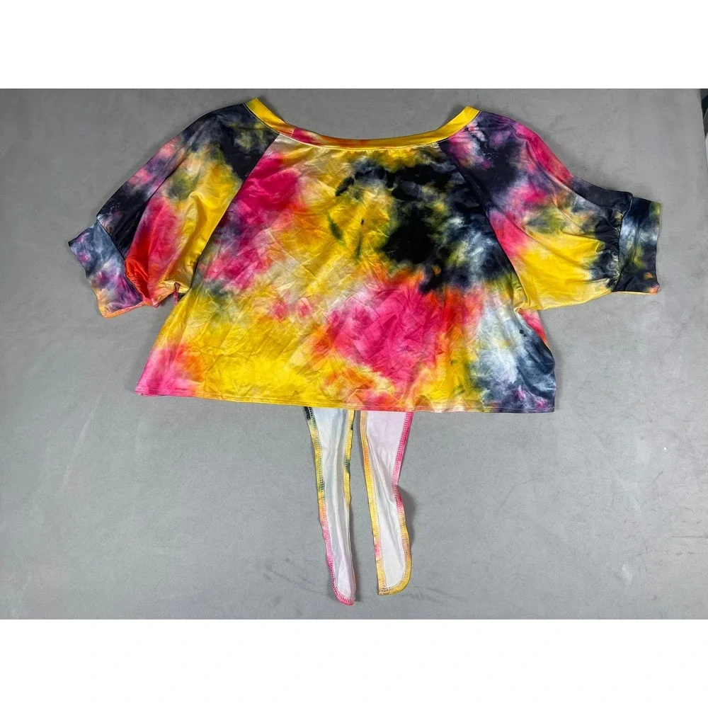 Tie Dye 2 Piece Set Womens 2XL Pink Yellow Black Crop Tie Front Top Biker Shorts